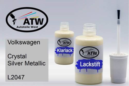 Volkswagen, Crystal Silver Metallic, L2047: 20ml Lackstift + 20ml Klarlack - Set, von ATW Autoteile West.